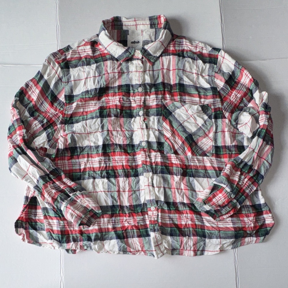 Aerie Women's Plaid Flannel Button-Up Shirt Long Sleeve Collared XXL